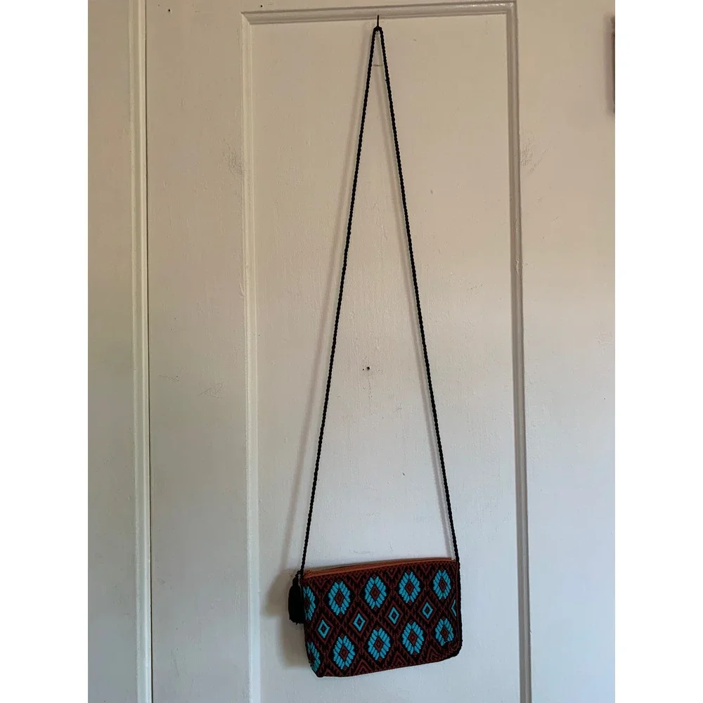Handmade Embroidered Boho Crossbody Bag Black Turquoise Geometric Tassel